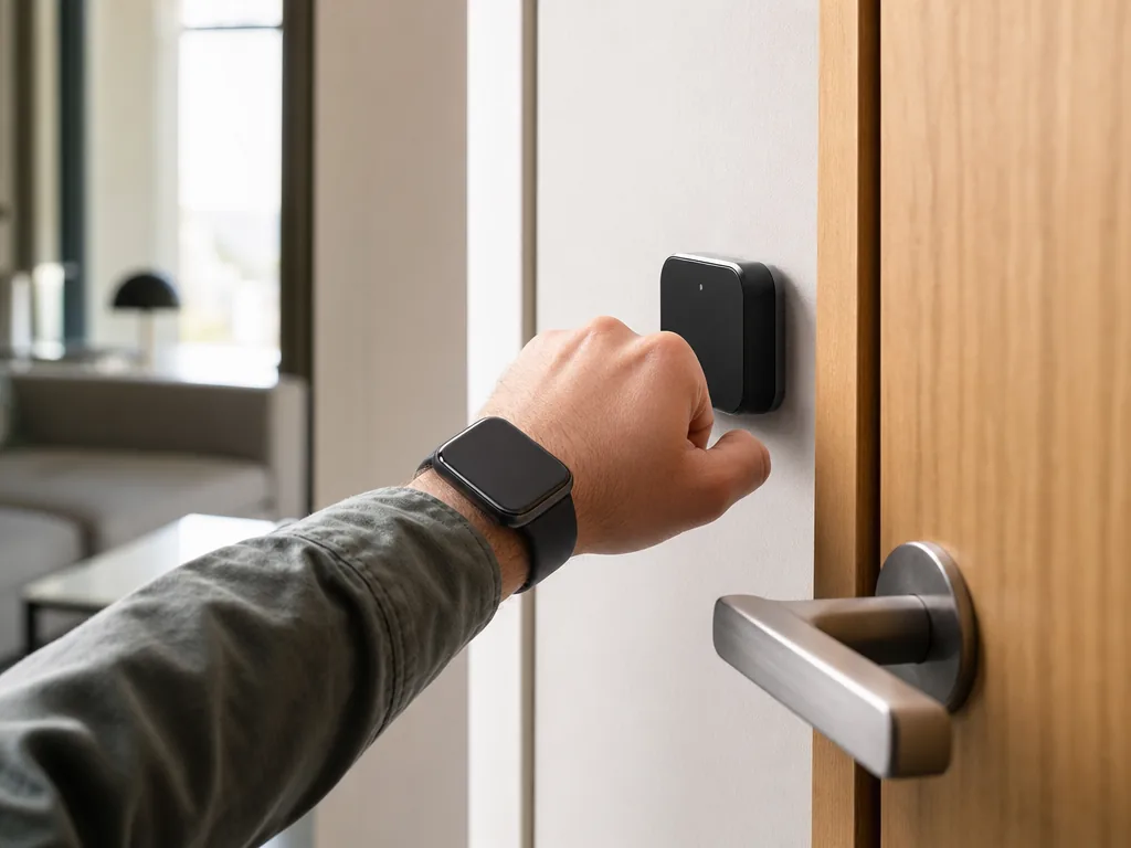 Une montre connectée sans marque approchée d’un lecteur NFC près d’une poignée de porte