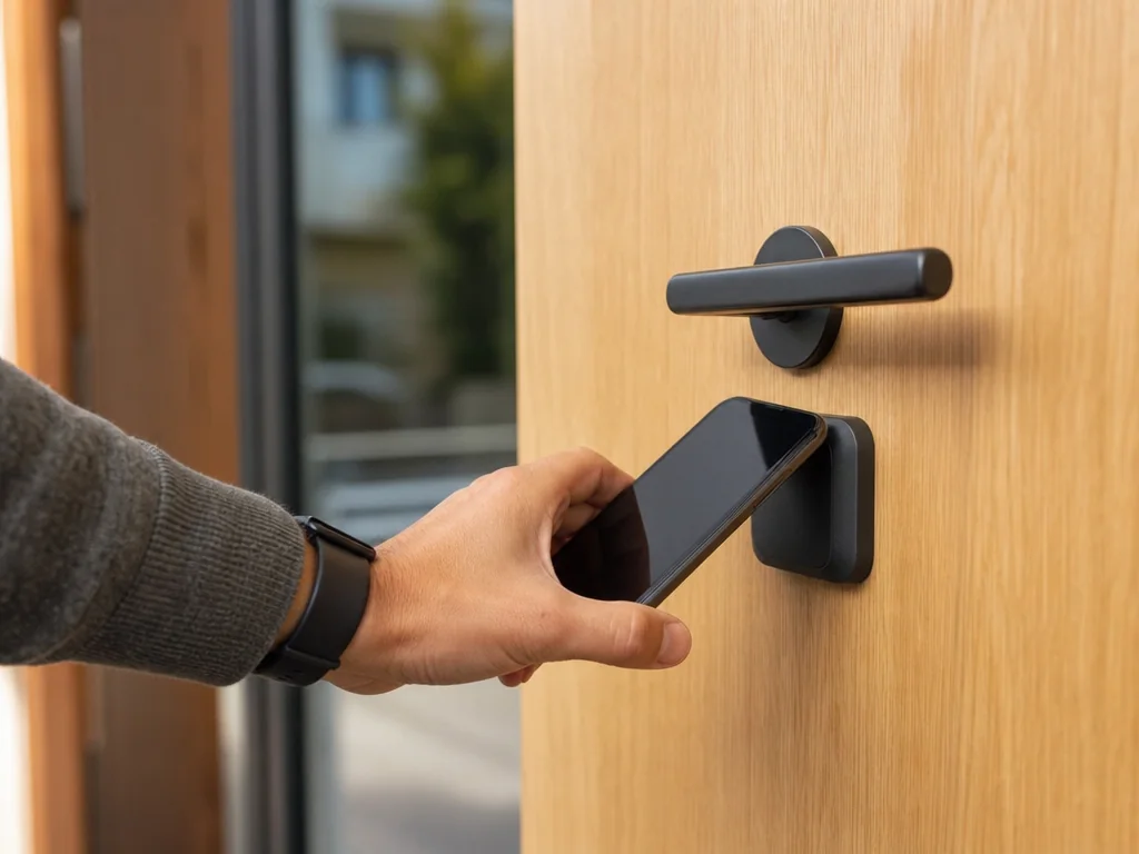 Une main approche un smartphone sans marque d’un lecteur NFC près de la serrure d’une porte d’appartement