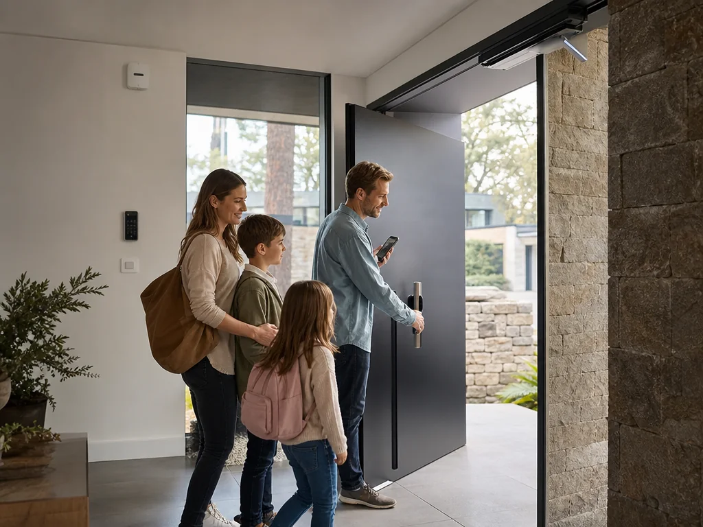 Famille utilisant une serrure connectée Yale Home et son clavier d’accès