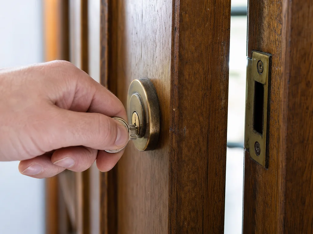 Clé insérée dans une serrure près d’une gâche de porte désalignée
