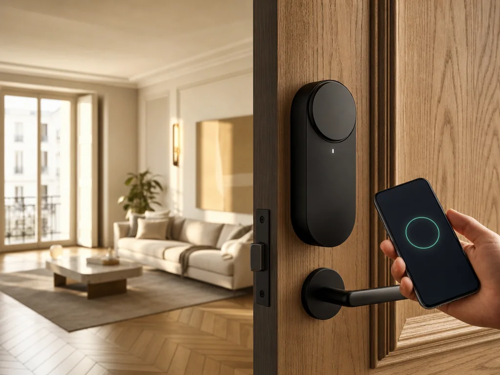 Serrure connectée noire sur une porte en bois, pilotée par smartphone